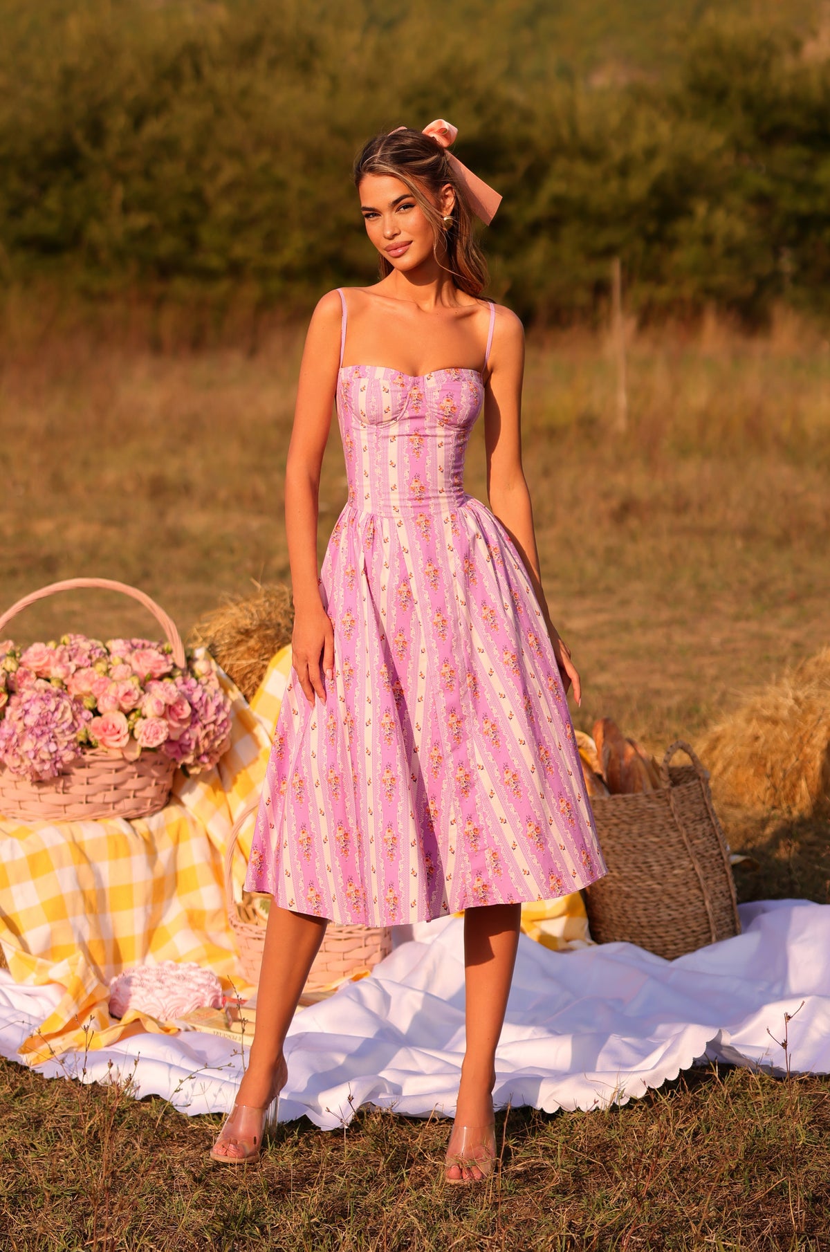 MEADOWA Lilac Floral Corset Midi Dress