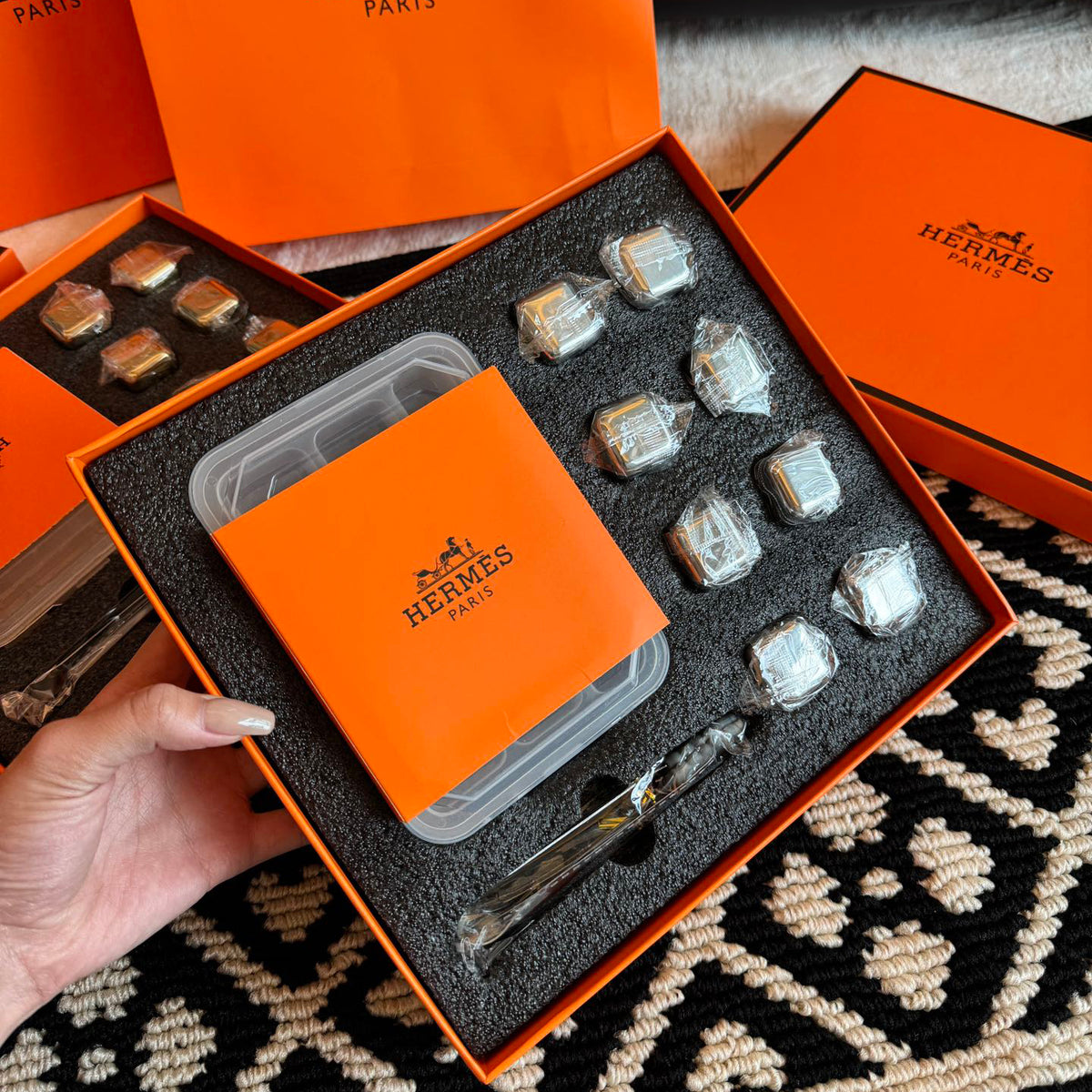 Hermes Monogrammed Solid Color Stainless Steel Ice Cube Gift Set #75629