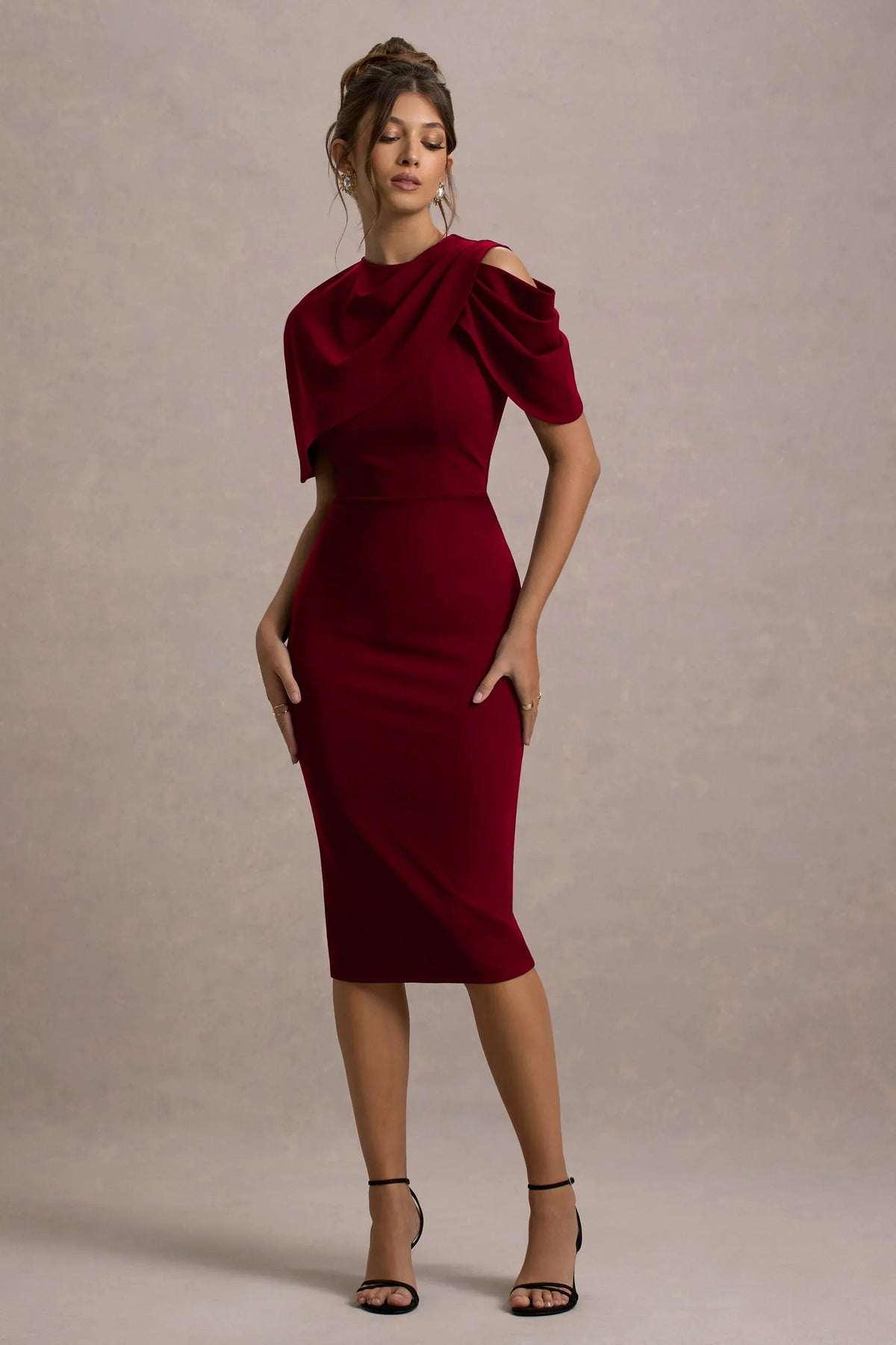 Dorothea | Berry Draped Midi Dress With Cape