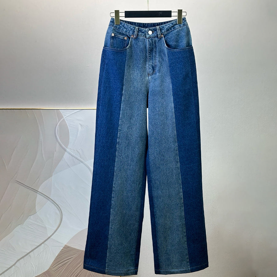 L  Women's Spring/Summer Retro Color Block Straight Leg Casual Denim Pants