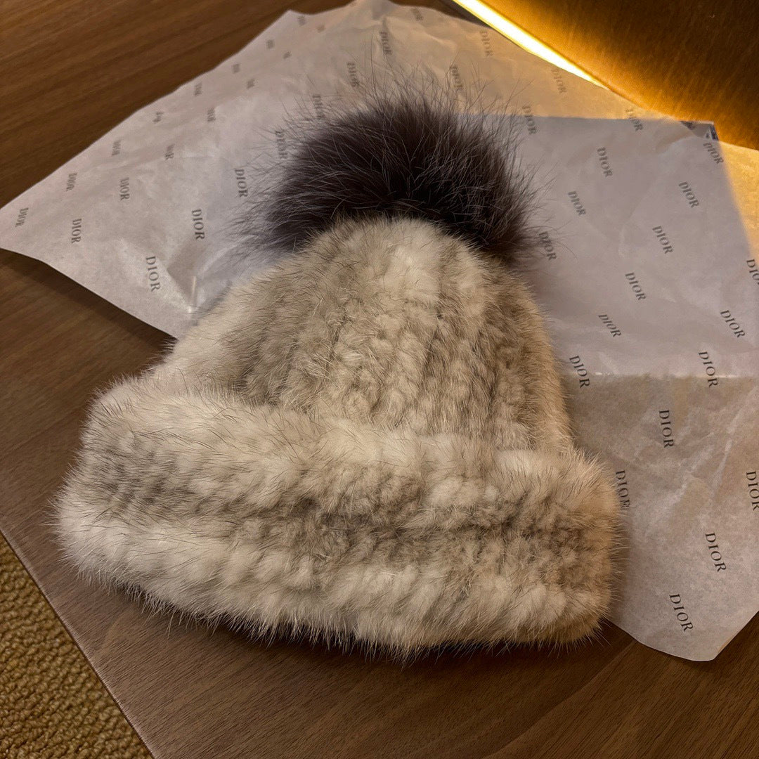Dior Mink Knitted Patchwork Fur Ball Fur Hat #334275