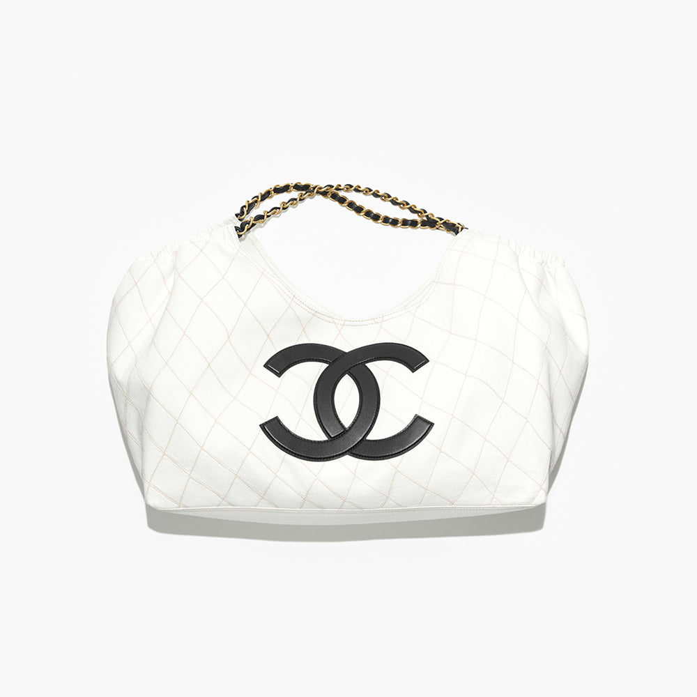 CHANEL Small Shopping Bag Denim Calfskin Gold-tone Metal White Black #383487 #385587