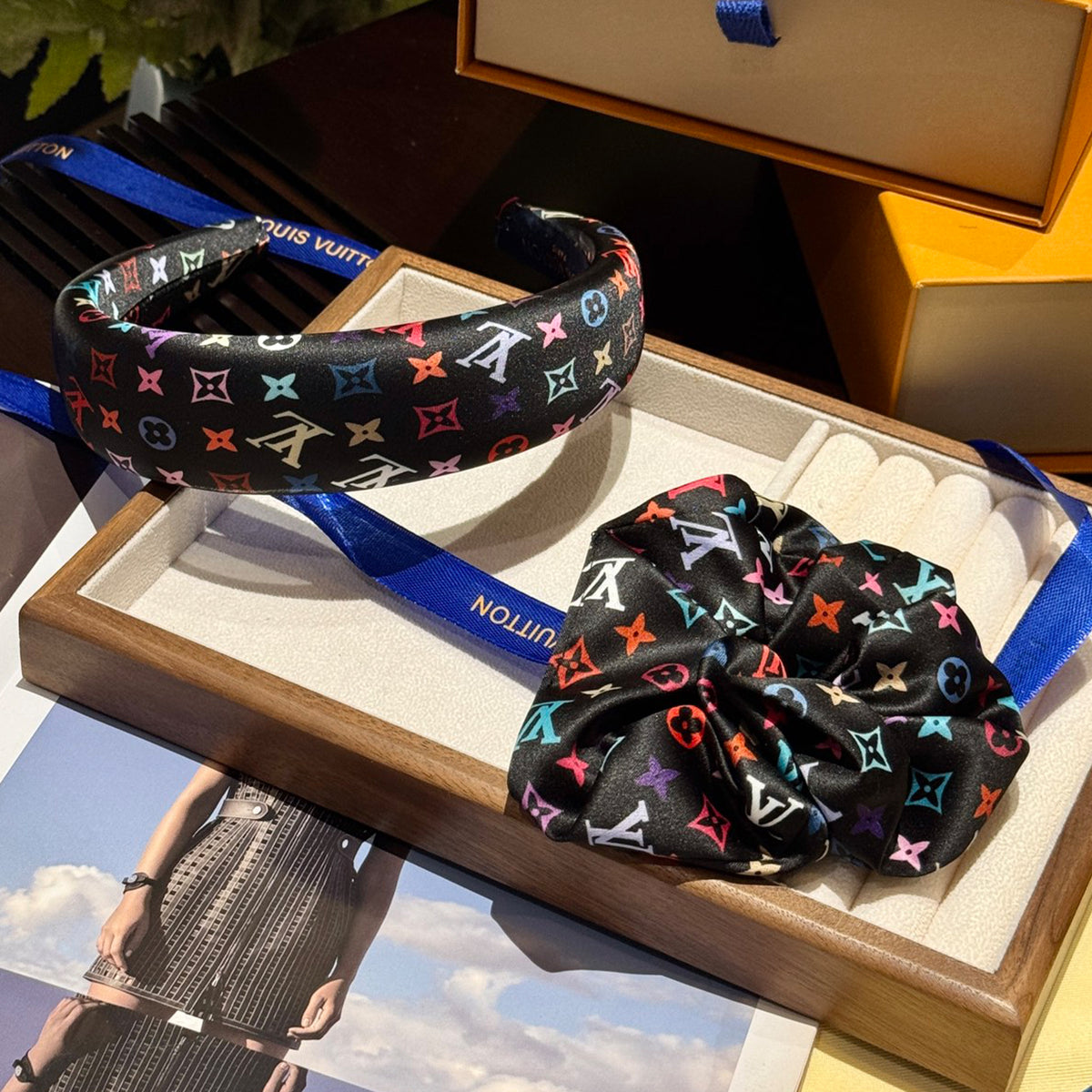 Louis Vuitton Monogram Printed Black Tri-colour Women's Fashion Temperament Elegant Hair Bands Headwear Accessories #81372