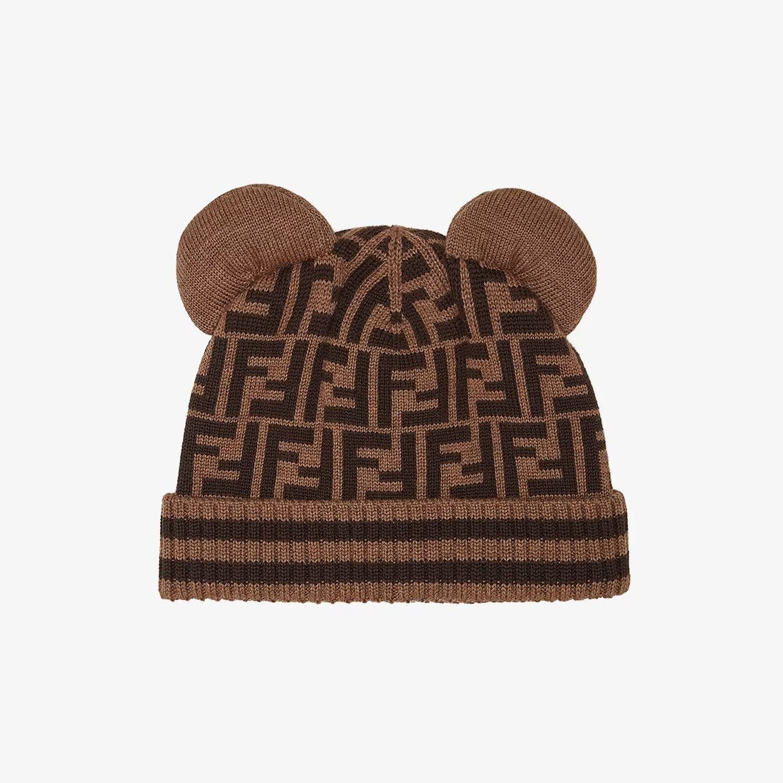 Fendi Children's Bear Ears Brown Wool Logo Knit Hat #97875