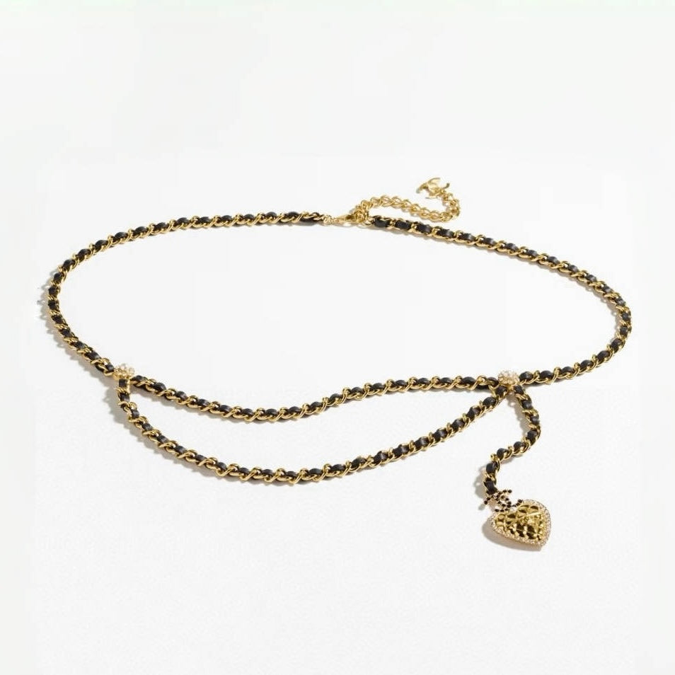 Chanel New Double C Gold Diamond Lattice Love Pendant Double Waist Chain Leather Wear Chain Vintage Noble Fashionable Brass Swarovski Diamond Lambskin Waist Chain Belt Accessories #71734