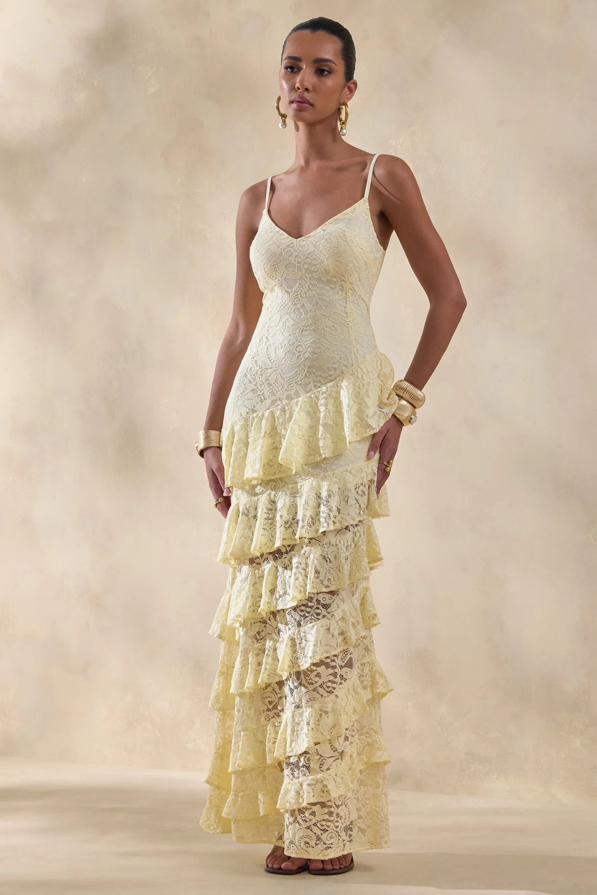 Avelisse | Lemon Lace Plunge-Neck Maxi Dress With Ruffled Detailing