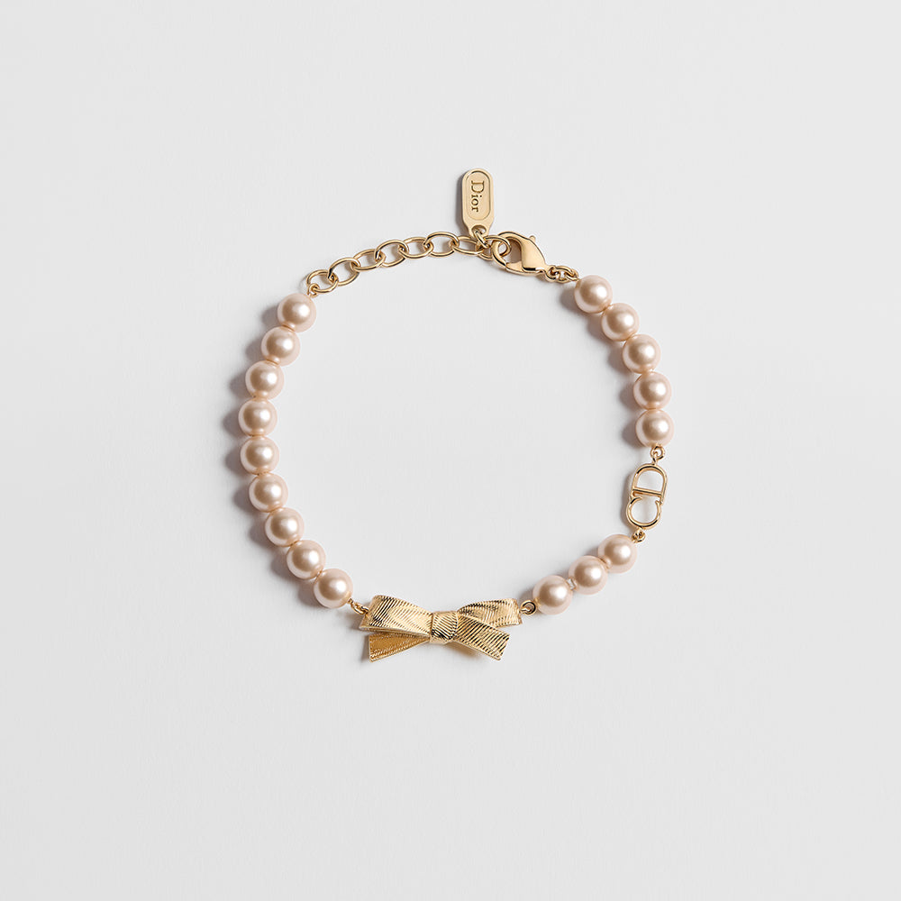 DIOR CD Bow Bracelet Gold-Finish Metal and Iridescent Pink Resin Pearls #385651