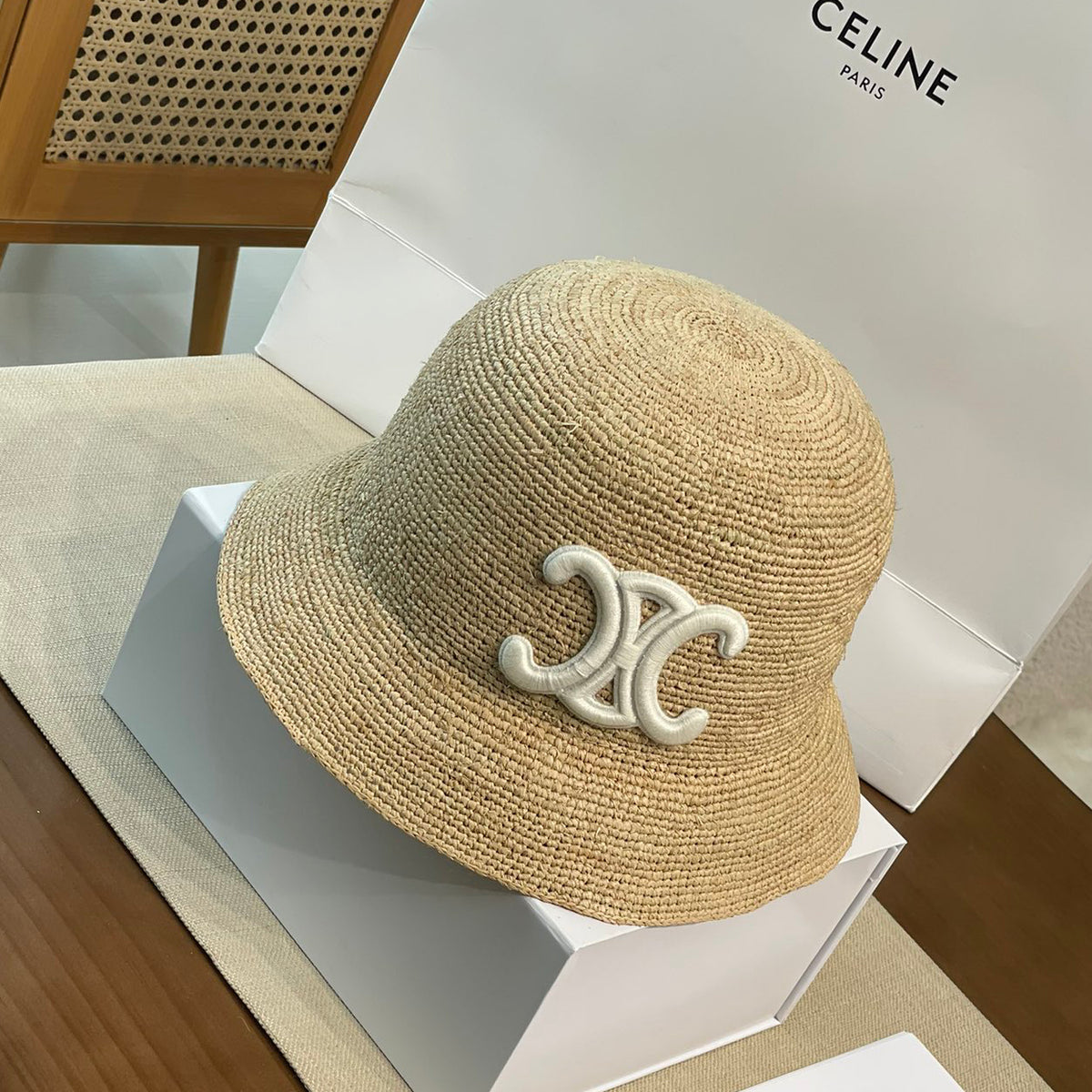 Celine Men's and Women's Embroidered Logo Pattern Khaki Raffia Woven Fisherman's Hat Cap #76174