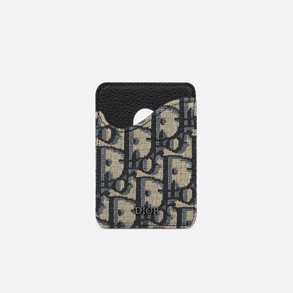 DIOR Saddle Magnetic Card Holder Black Marquetry Inlay Grained Cow Leather and Black Oblique Print Fabric #333550