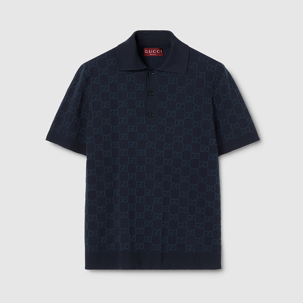 GUCCI GG Cotton Silk Jacquard Polo Shirt in Dark Blue #379147