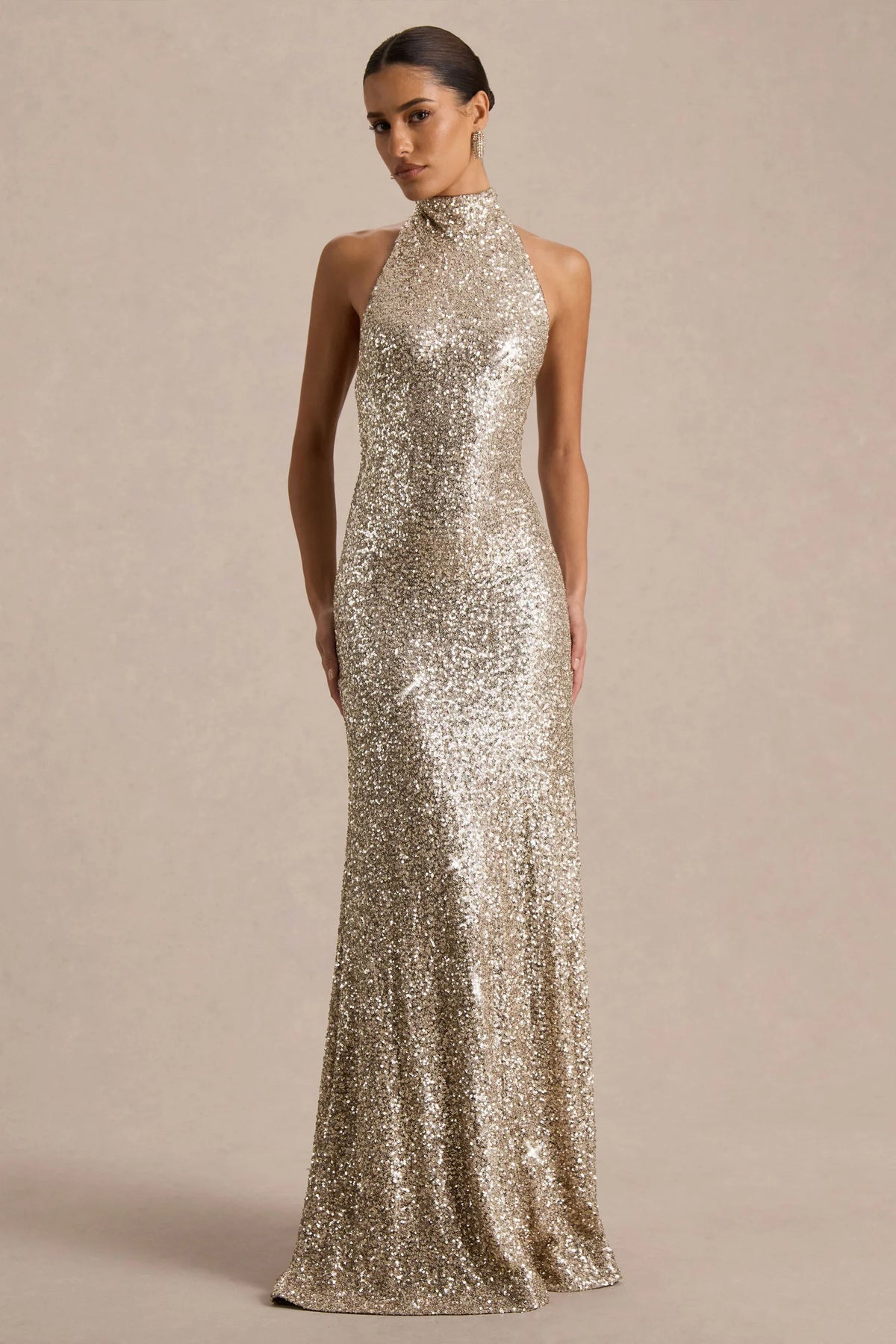 Tulia | Champagne Sequin High-Neck Maxi Dress