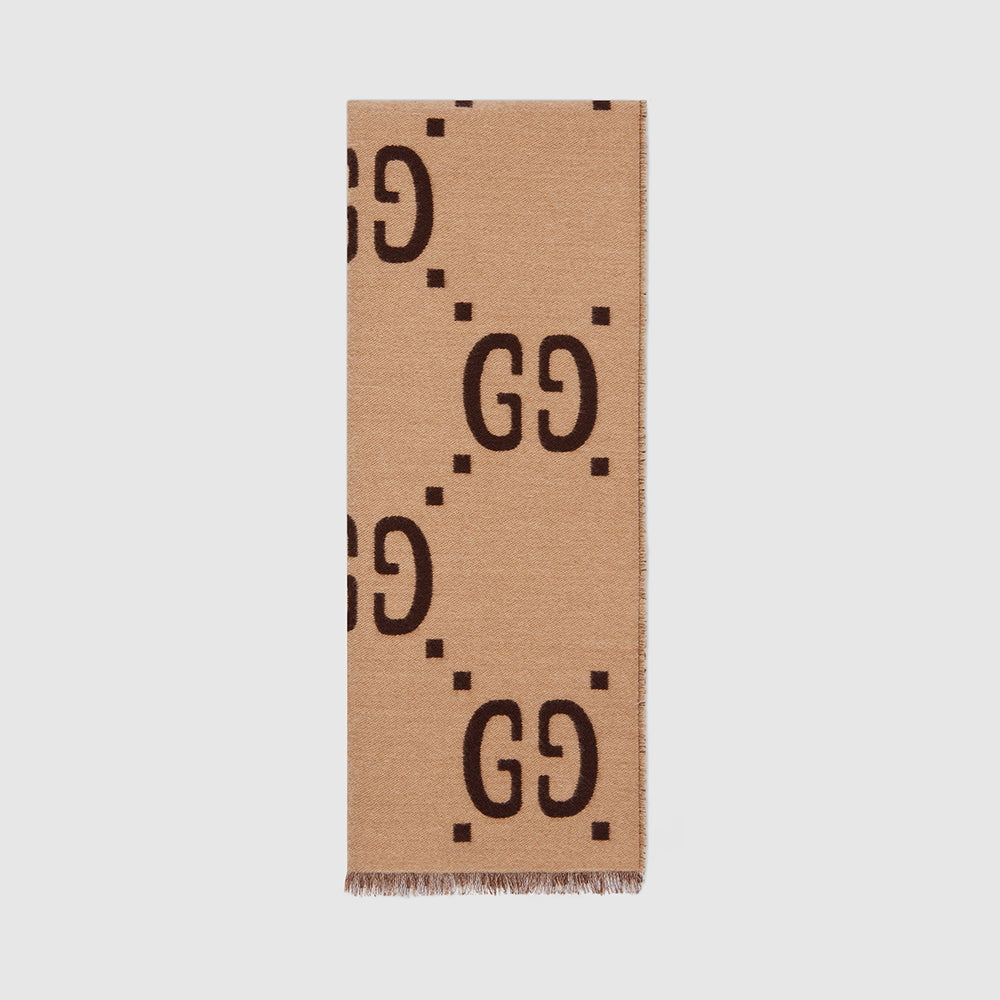GUCCI Brown Beige GG Jacquard Wool Silk Scarf #333605