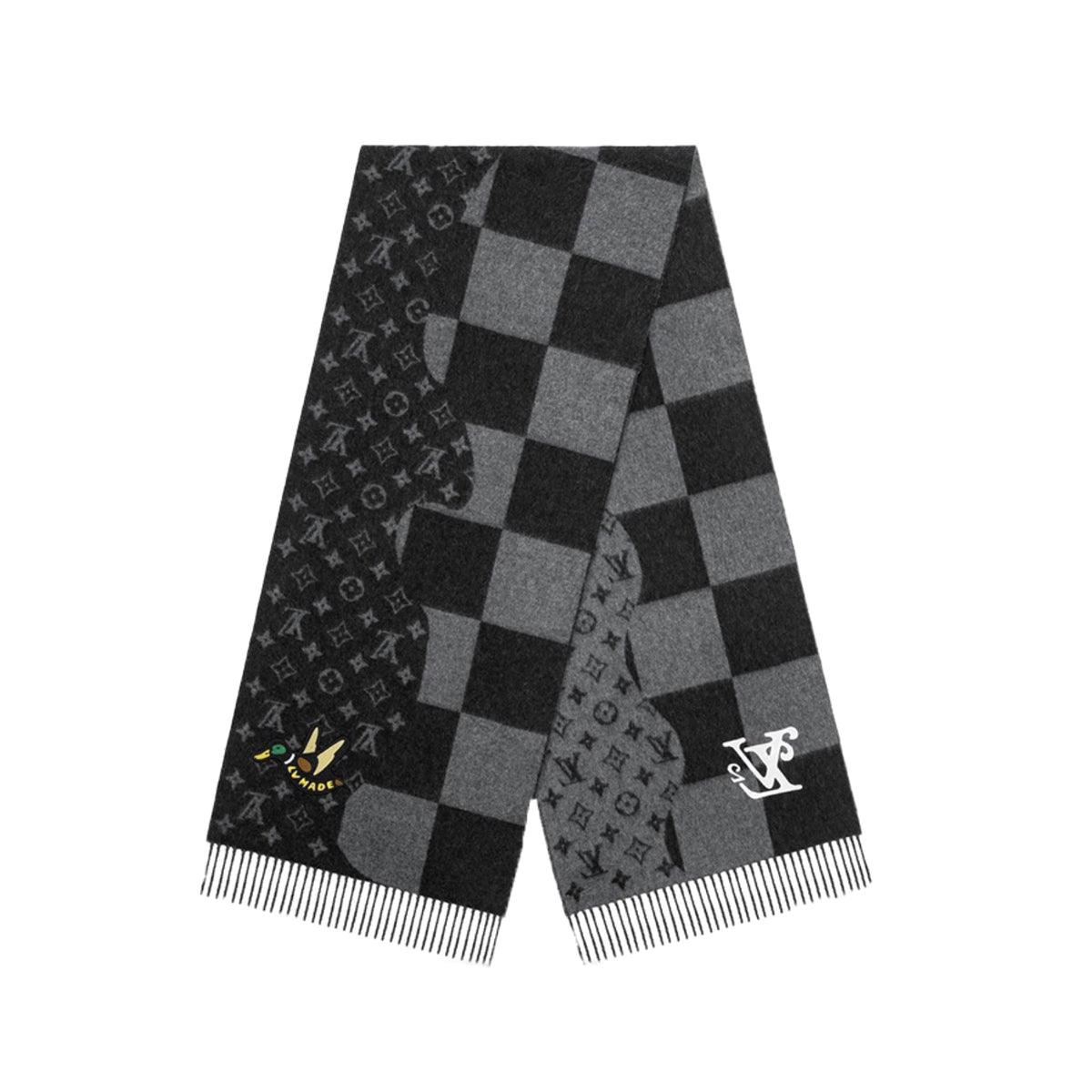 Louis Vuitton Men's Black Gray Embroidered Duck Pattern Cashmere Scarf #73219