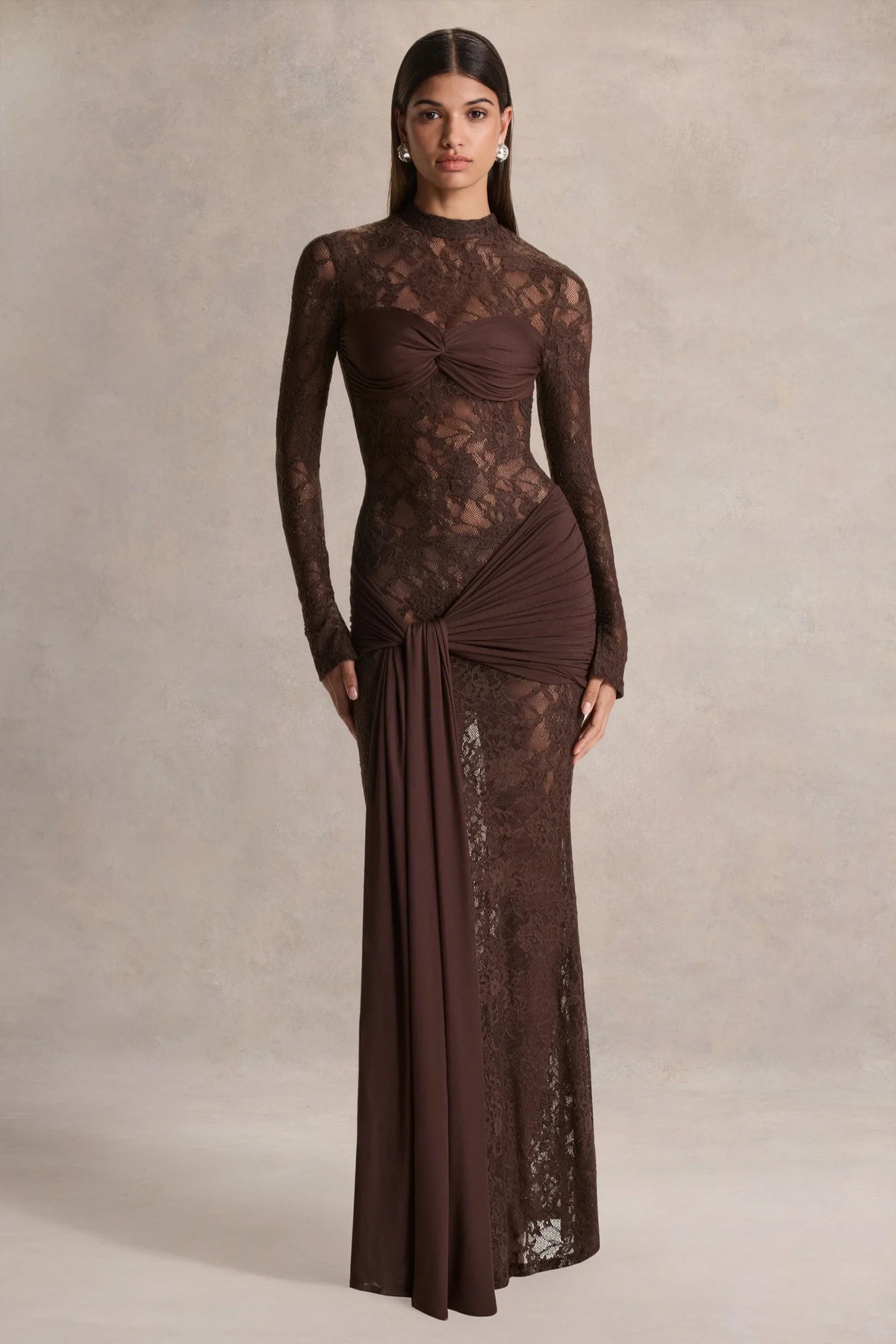 Akira | Brown Lace Maxi Dress With Sash-Detail