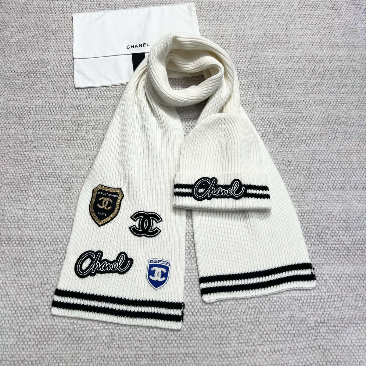 Chanel Women's Winter Graffiti Pattern Letter Print Solid Color Wool Hat Scarf Cap #73621
