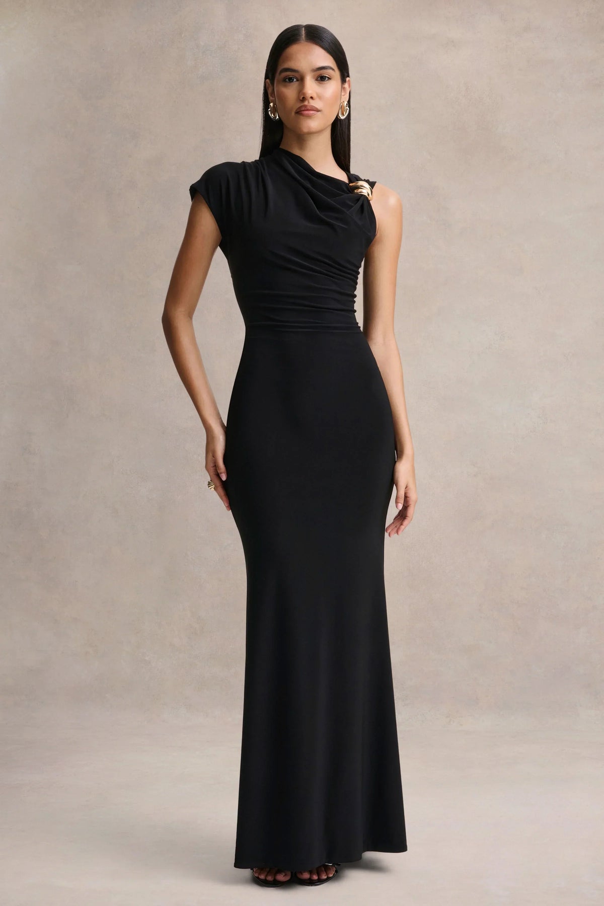 Blaire | Black Asymmetric-Neck Maxi Dress With Gold-Detailing