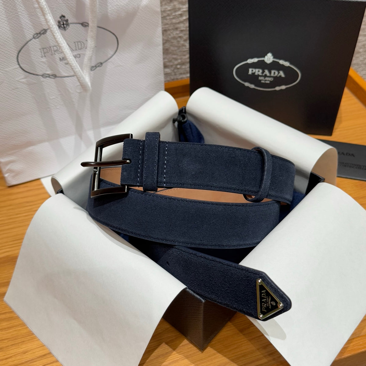 Prada Men's Suede Belt Silver Gold Rose Gold Logo Embellishment Jewelry Accessories #81219