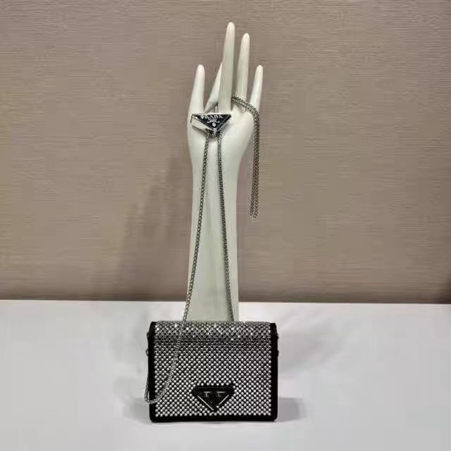 PRADA Crystal-Embellished Chain Card Holder Bag #53779