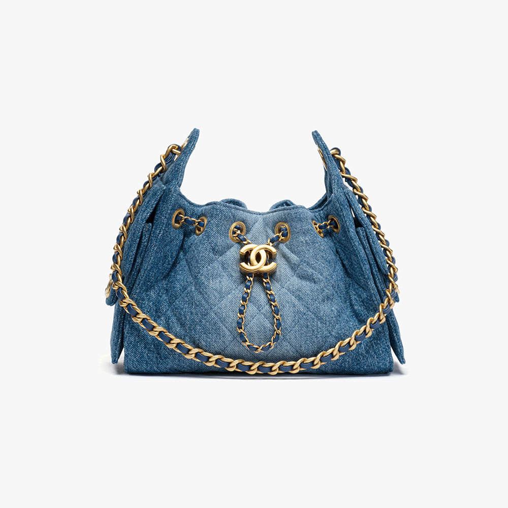 CHANEL 25 Mini Handbag Washed Denim Gold-tone Metal Blue #388434