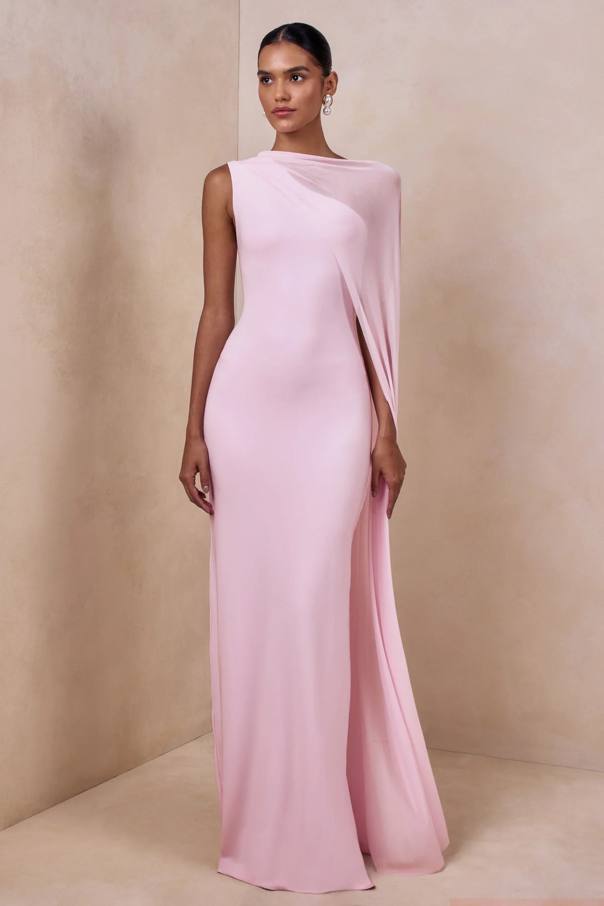 Mirelle | Light Pink Boat-Neck Maxi Dress With Cape-Sleeve