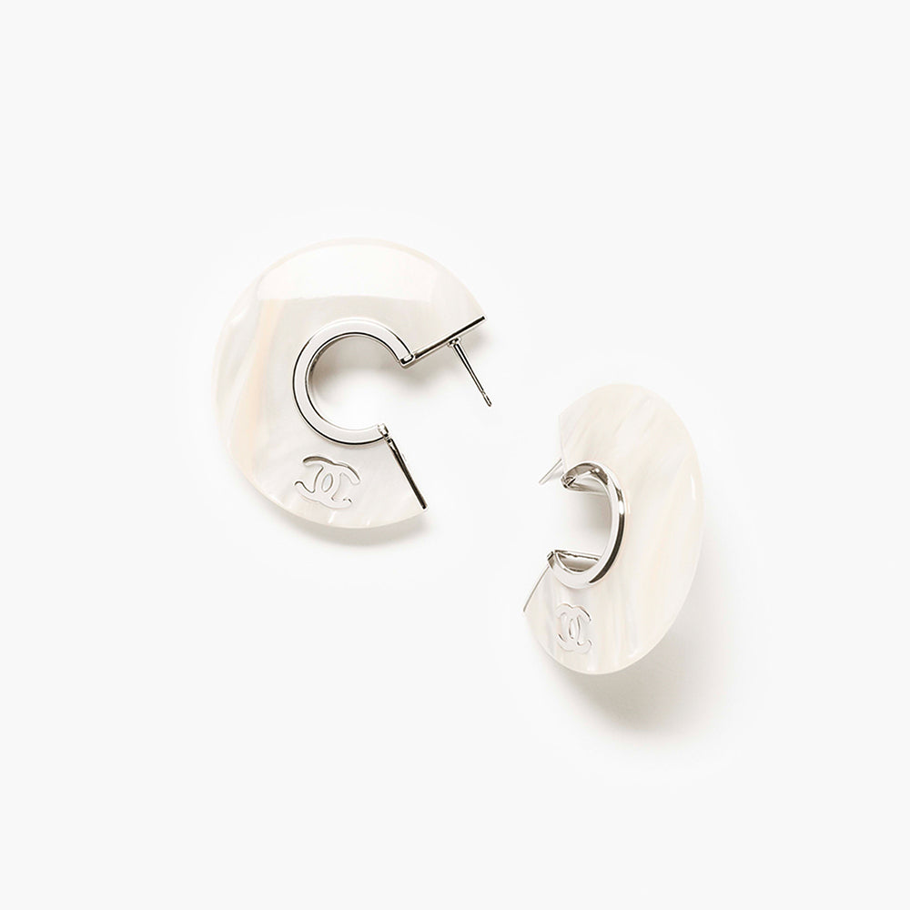 CHANEL Hoop Earrings Metal & Resin Silver & Pearl White #390541