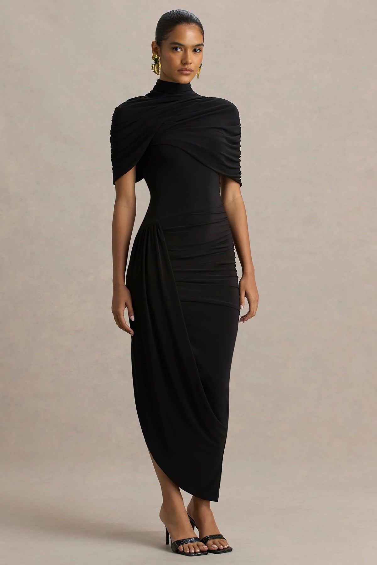 Enchant | Black Asymmetric Twisted Cape Midi Dress