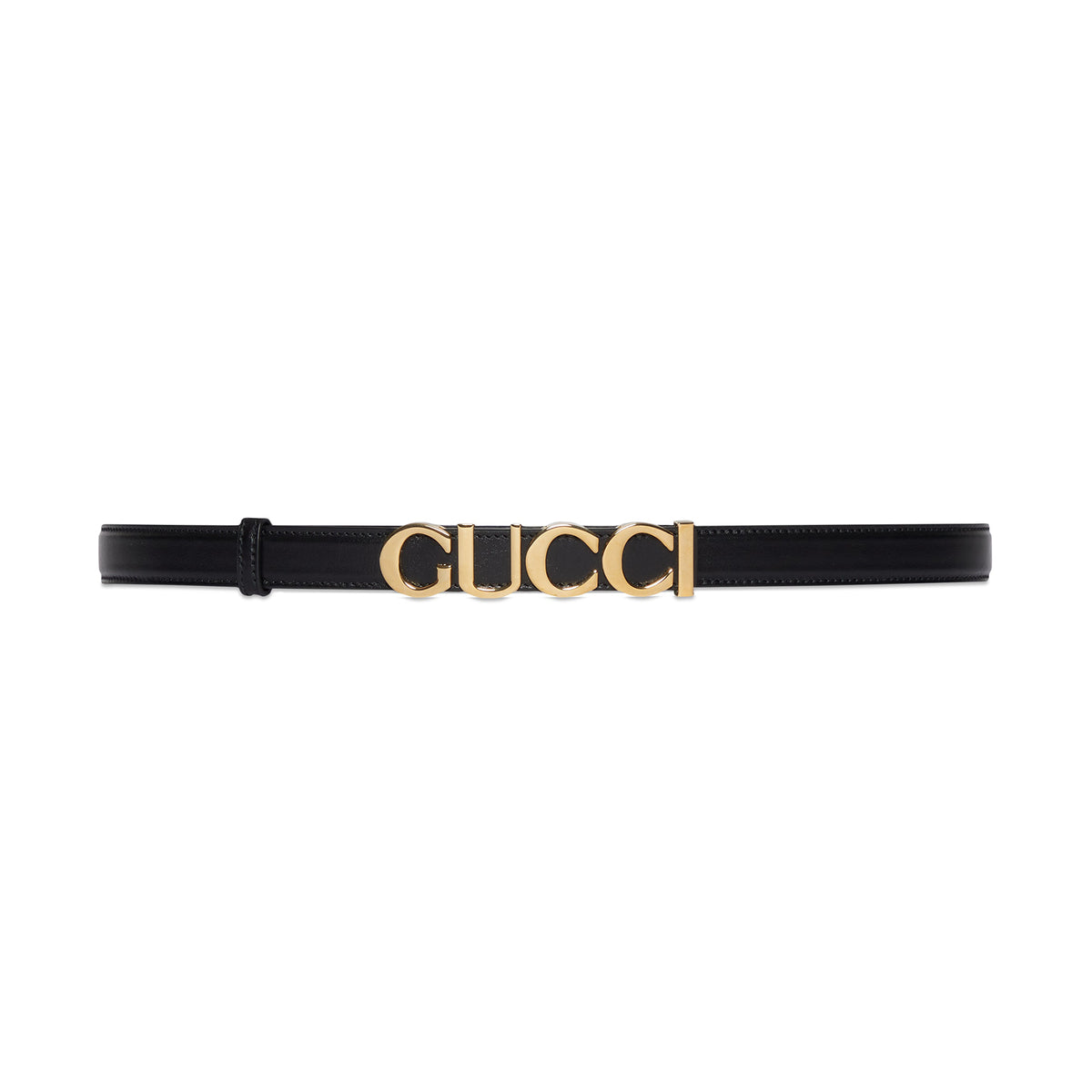 Gucci Women's Gold Logo Smooth Buckle Black Leather Thin Belt #98151