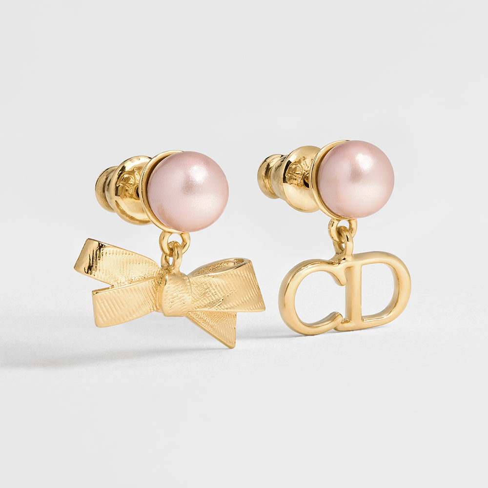 DIOR CD Bow Earrings Gold-Finish Metal and Iridescent Pink Resin Pearls #385665