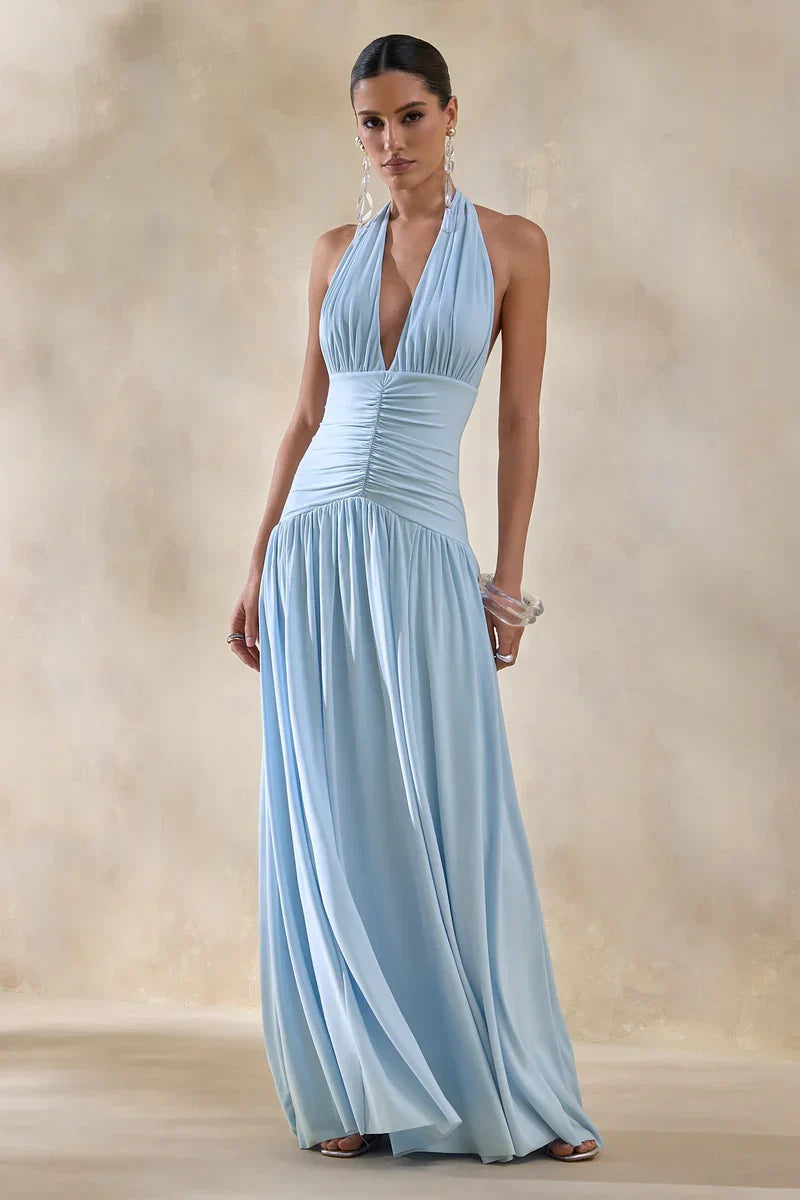Bettina | Powder-Blue Plunge-Neck Maxi Dress With Gathered-Detailing