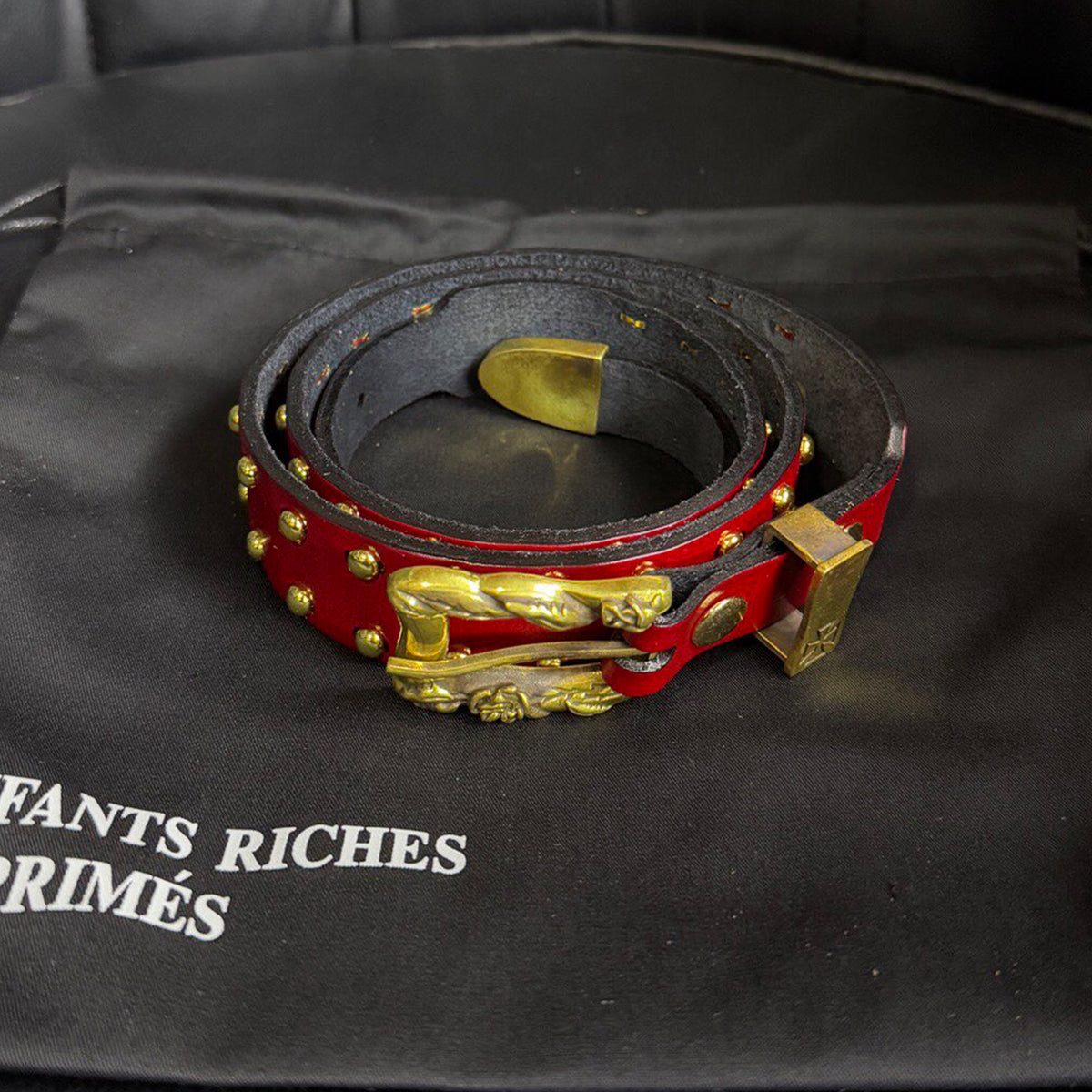 Enfants Riches Deprimes Burgundy Double Row Rivets Belt Leather Retro Old Carved Logo Belt Punk Metal Belt 2CM Accessories Ngvp #2188