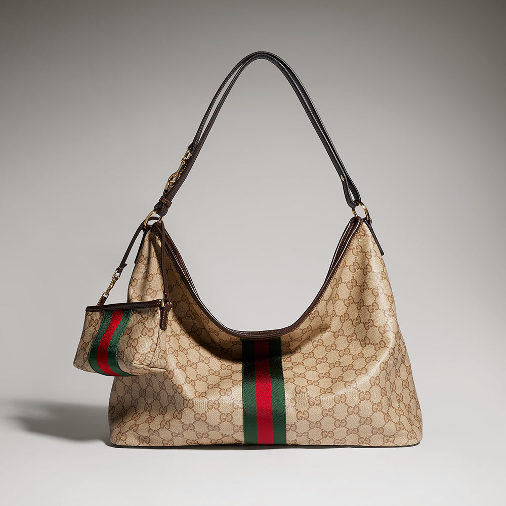 GUCCI Large Shoulder Bag With Web in Sand and Brown GG Canvas #386357