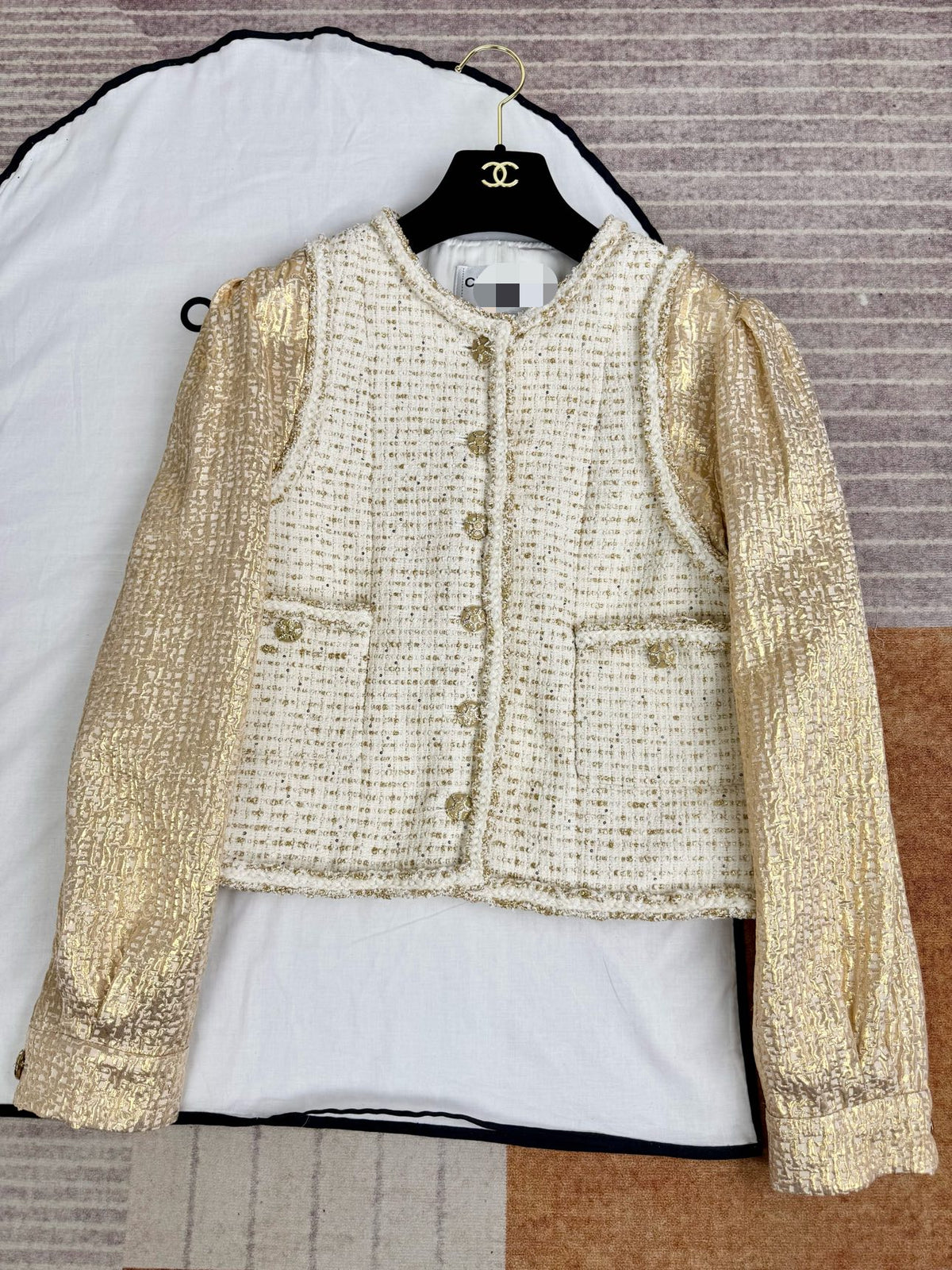Chanel Jacket Cotton Wool Tweed Ecru Gold #377742