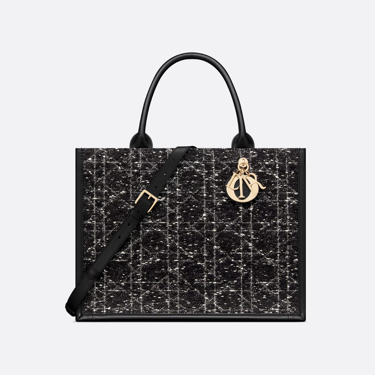 Dior Book Tote Women's Gold Finish Metallic Black Rattan Check Pattern Tweed Tote Bag Bags #74942