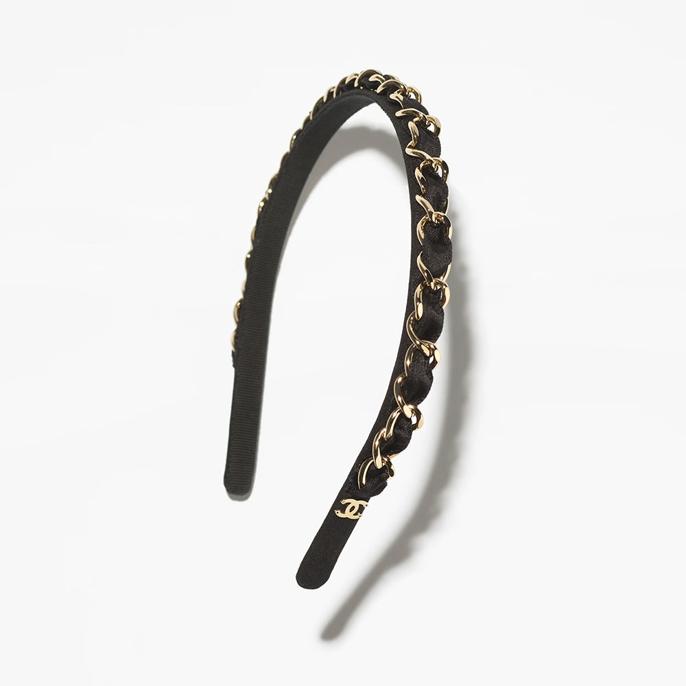 Chanel Headband Silk Metal Black Light Gold#384863