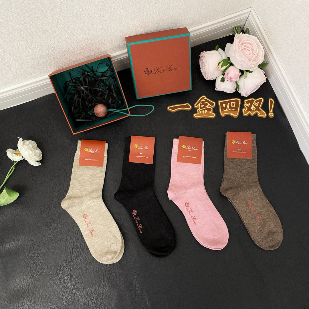 Loro Piana Women's Men's Four Seasons Cashmere Socks Four Pairs In A Box High Quality Four Color Socks   #98291