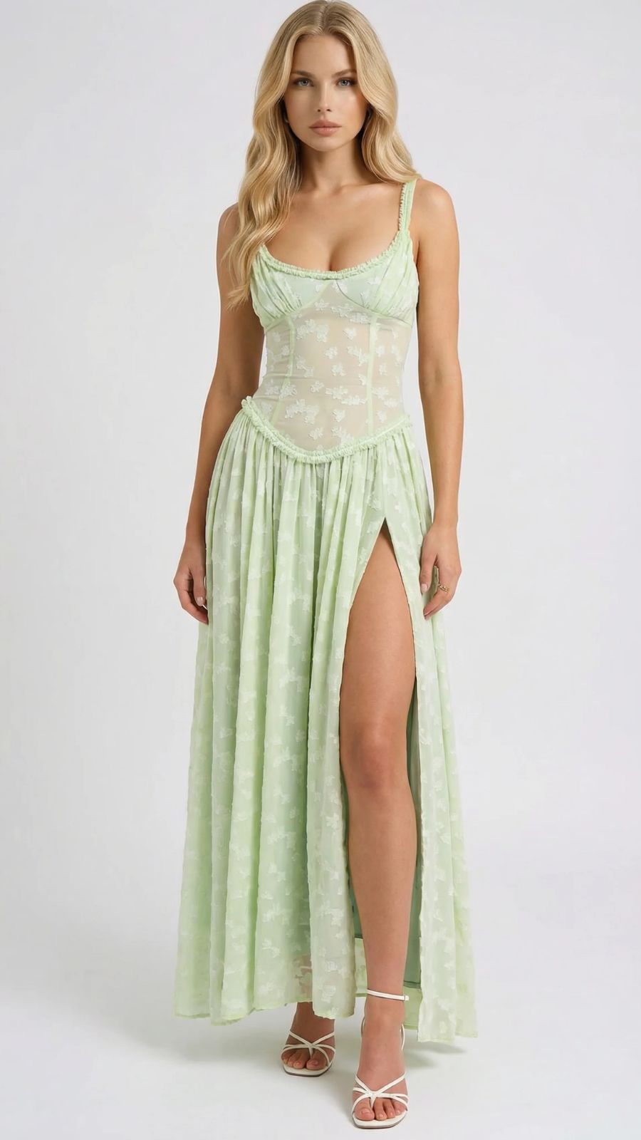 Amelia Lace Slit Maxi Dress - Green