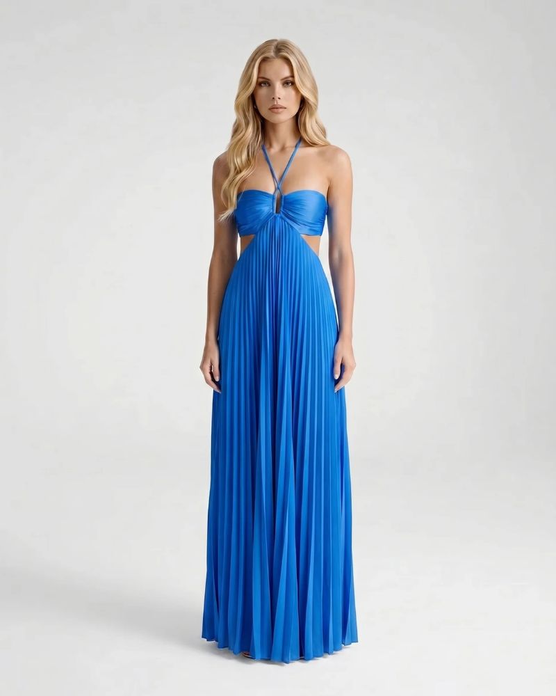 Aurora Pleated Cutout Maxi Dress - Blue