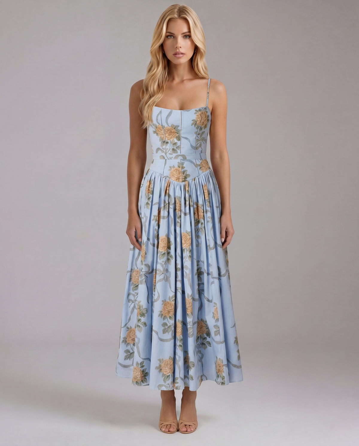 Cielle Floral Midi Dress - Vintage Blue