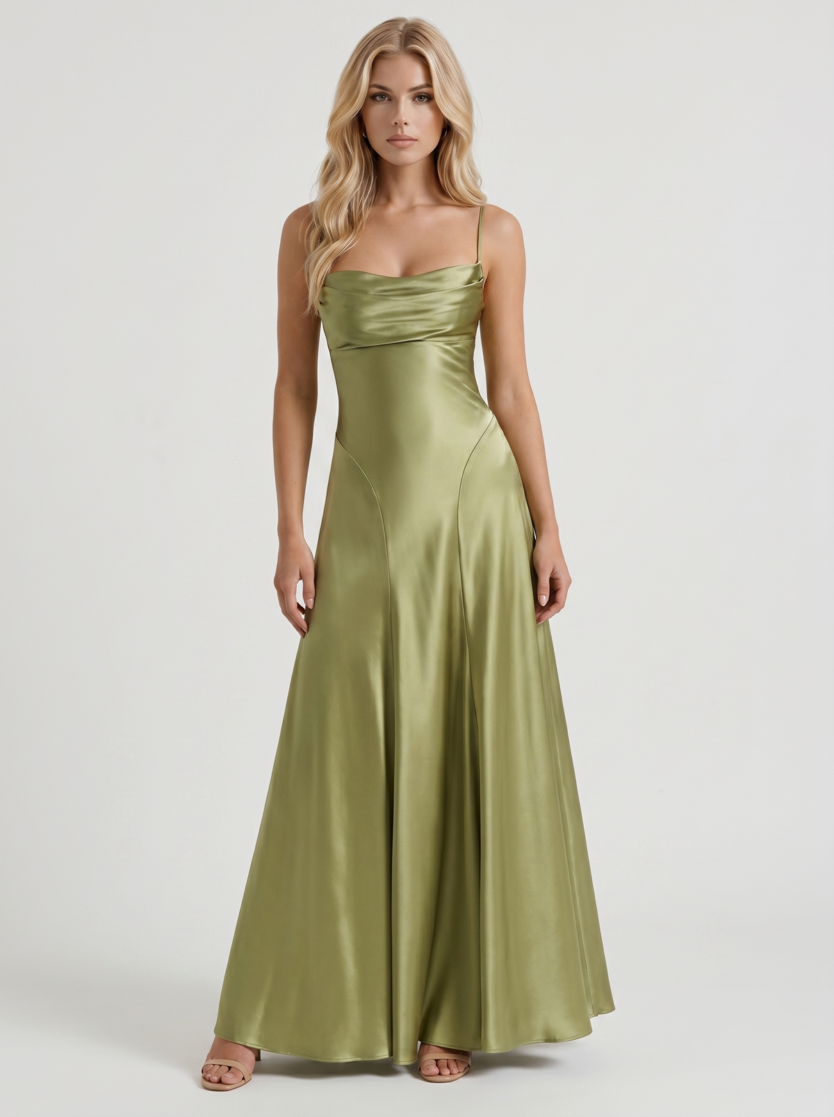 Eloise Cowl Neck Satin Maxi Dress - Light Olive