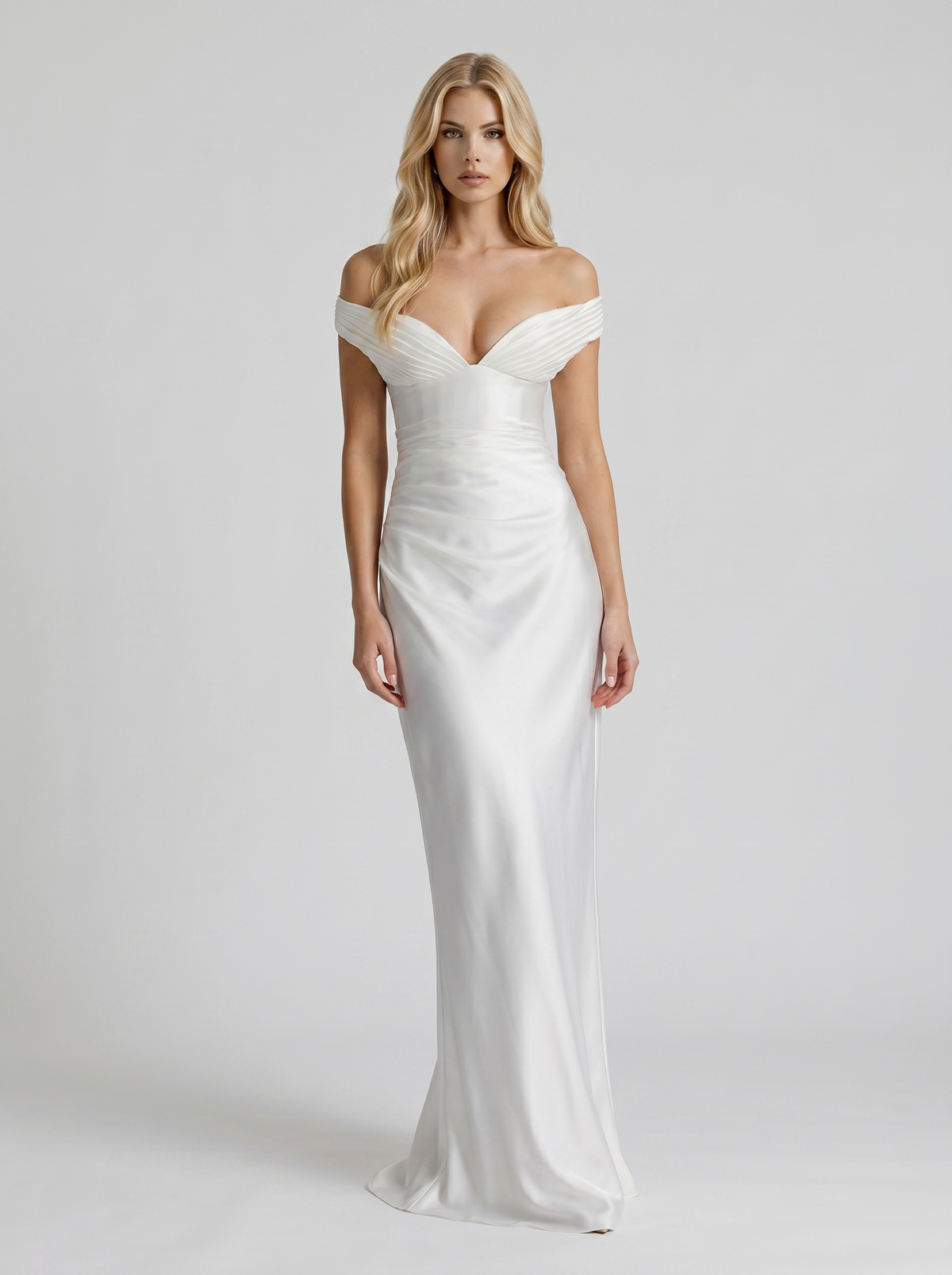 Helena Off Shoulder Draped Satin Maxi Dress - Ivory