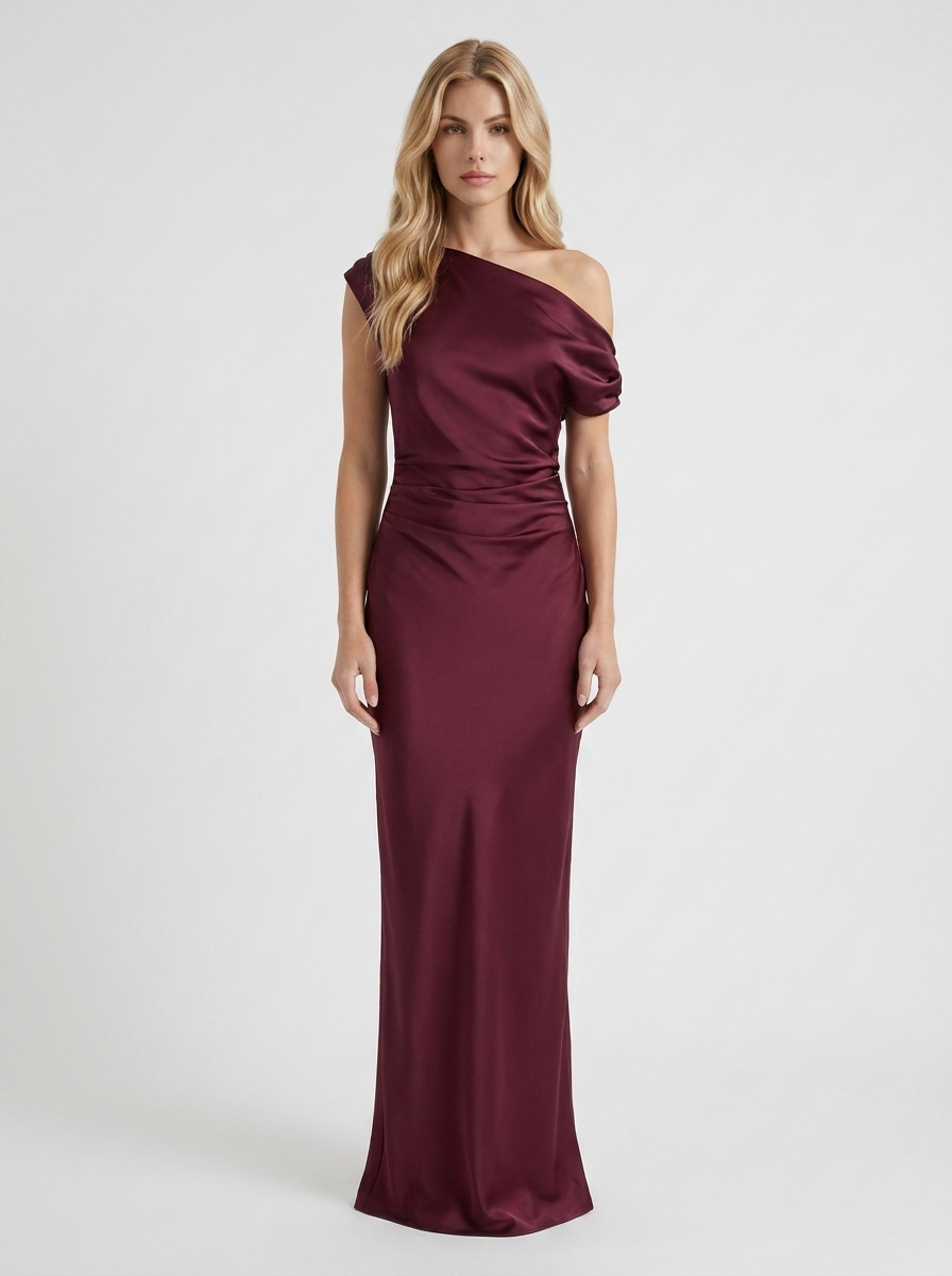 Marabelle One Shoulder Satin Draped Maxi Dress - Wine Red