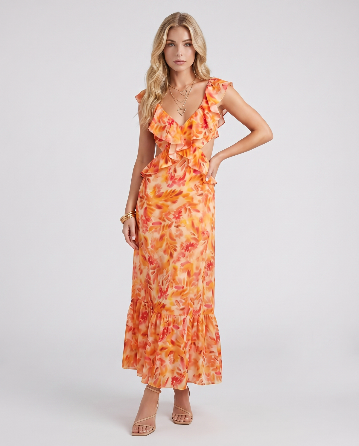 Marisol V Neck Ruffle Floral Maxi Dress - Orange