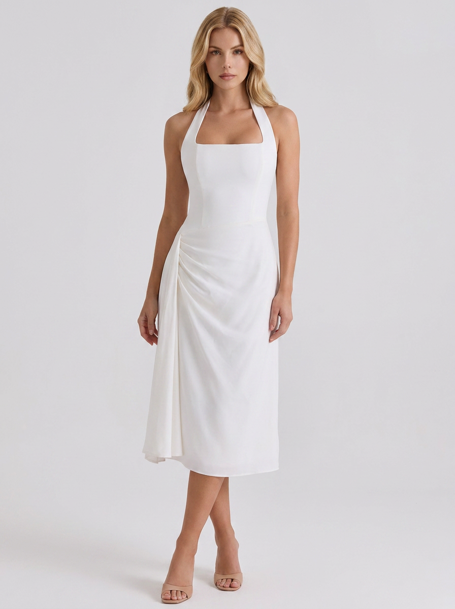 Mia Halter Square Neck Midi Dress - White