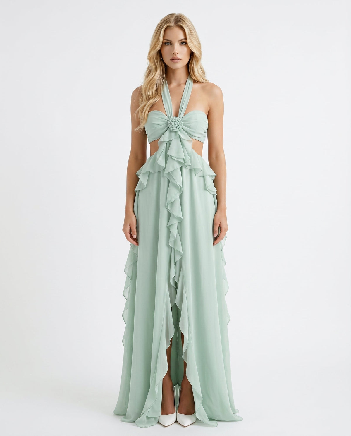 Roselyn Floral Ruffle Cutout Maxi Dress - Green